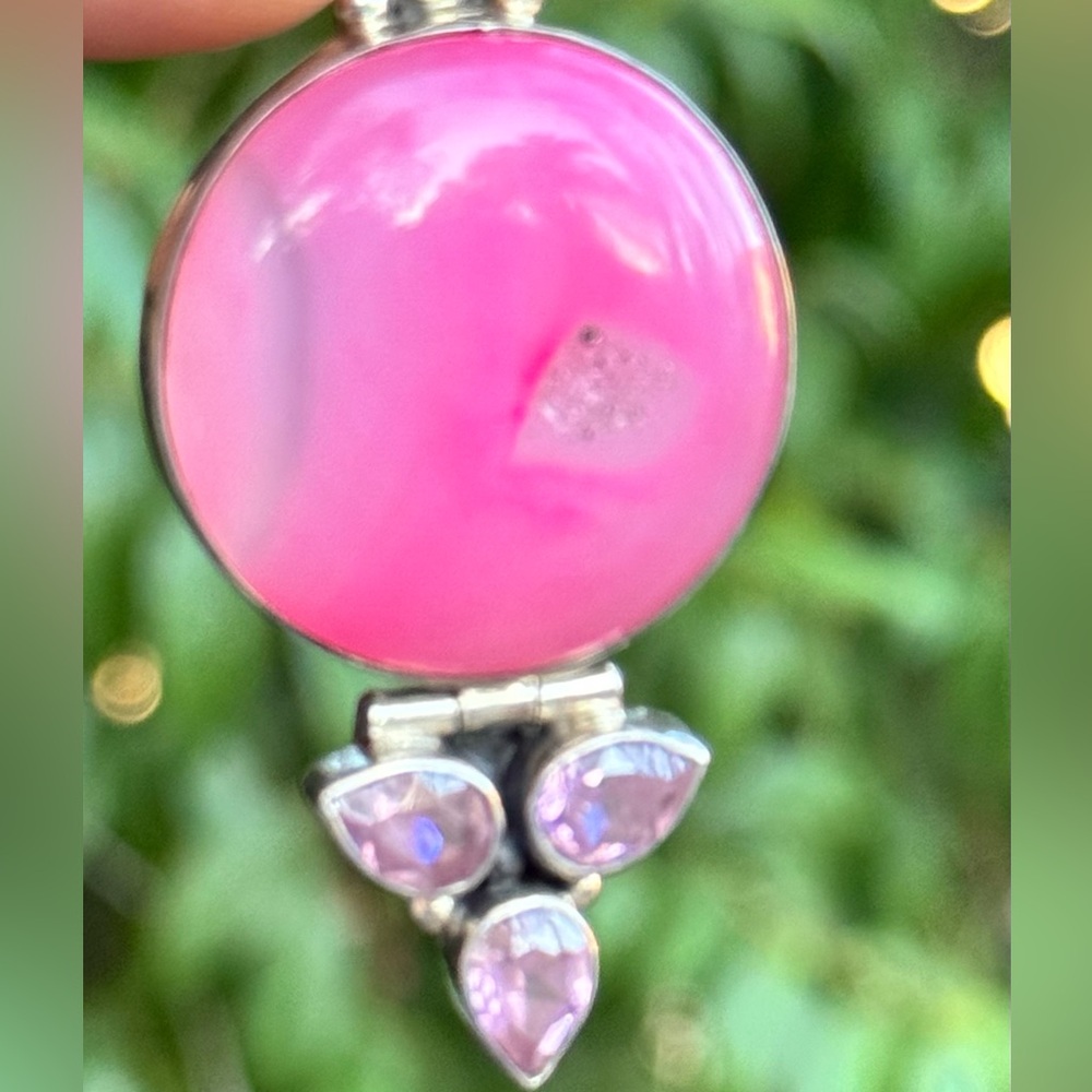 π Vintage Sterling Silver Pink Druzy Agate & Rose Quartz Pendant - Picture 4 of 12